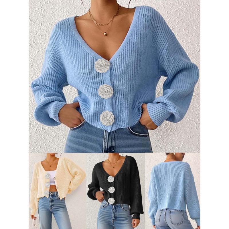 Women S Knitted Cardigan Sweater Streetwear Short Top With Crochet Buttons