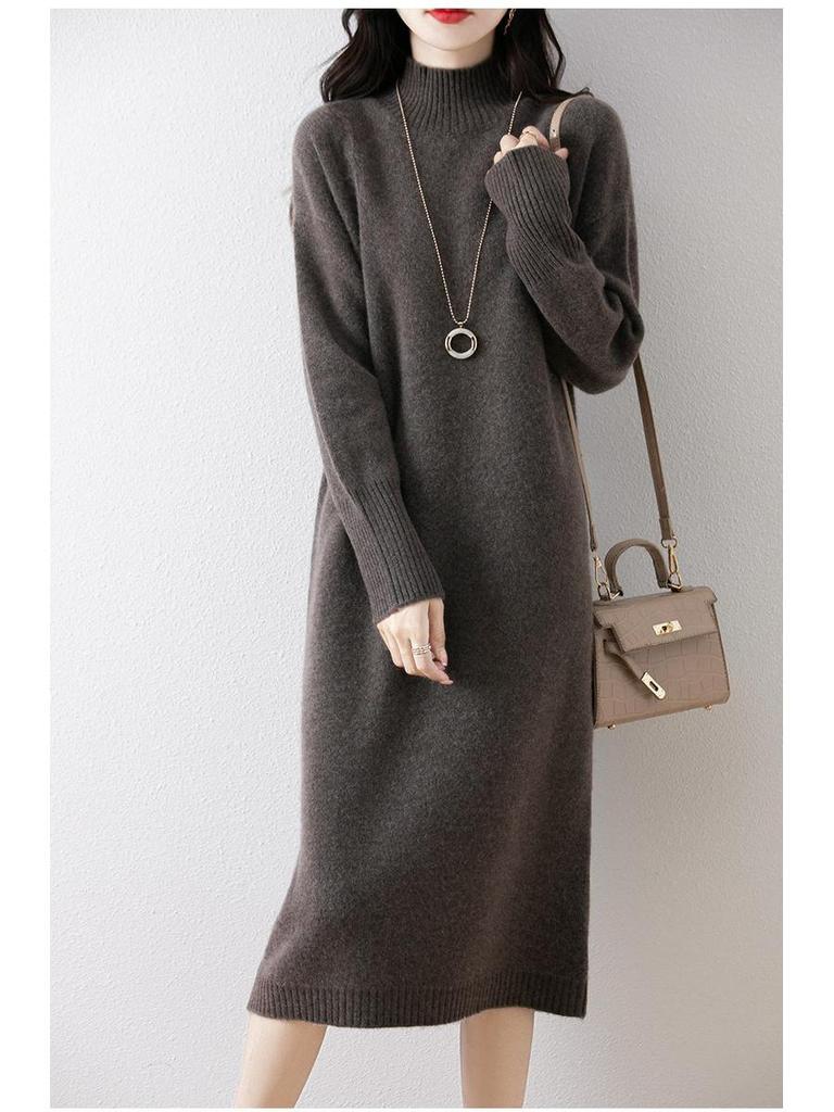 Women's Slim Fit Knit Sweater Dress, Half-High Collar, Over-the-Knee, Long Skirt, Mid-Length, Base Layer.