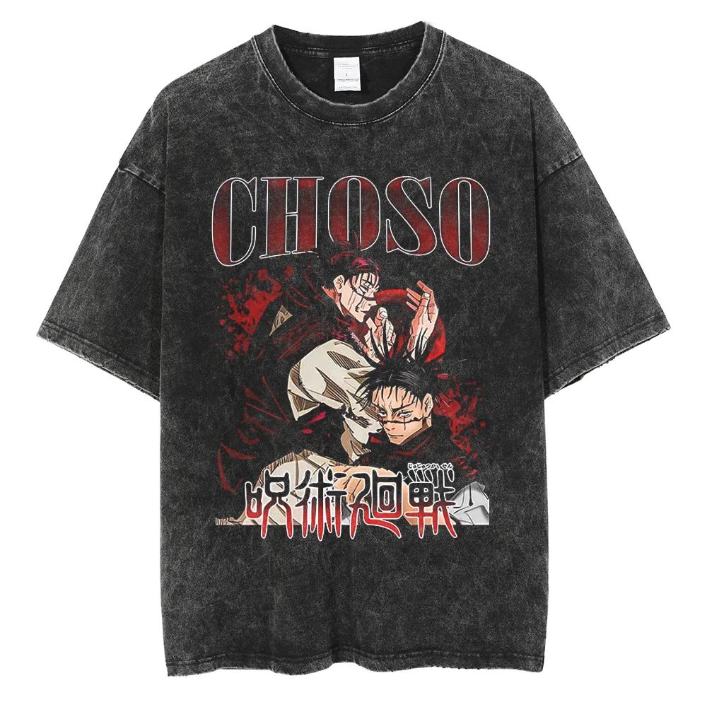 Anime Jujutsu Kaisen Ryomen Sukuna Washed T-Shirt Vintage Cotton Men's Streetwear Oversized Women Short Sleeves