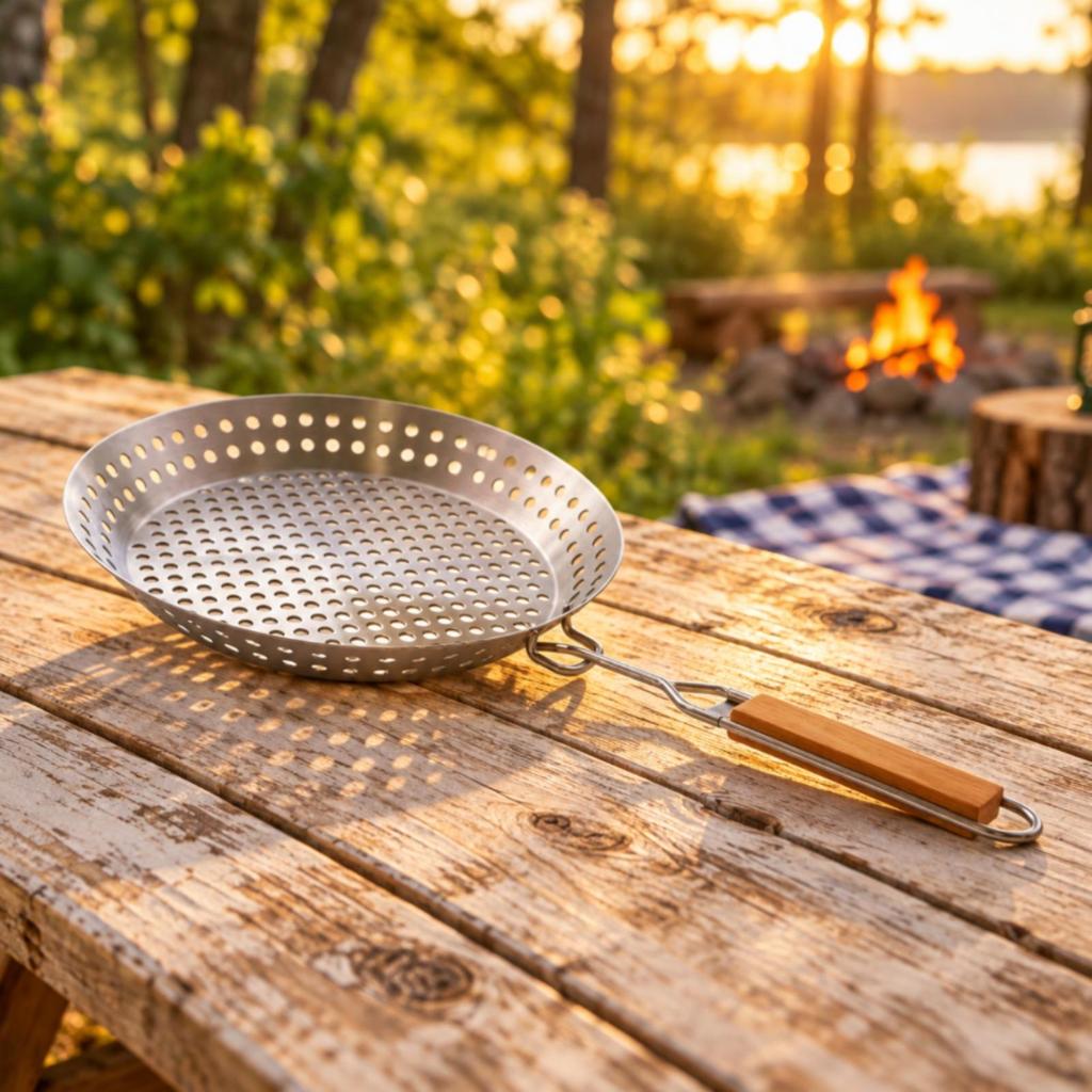Stainless Steel Perforated Grilling Pan with Detachable Handle Portable Round Barbecue