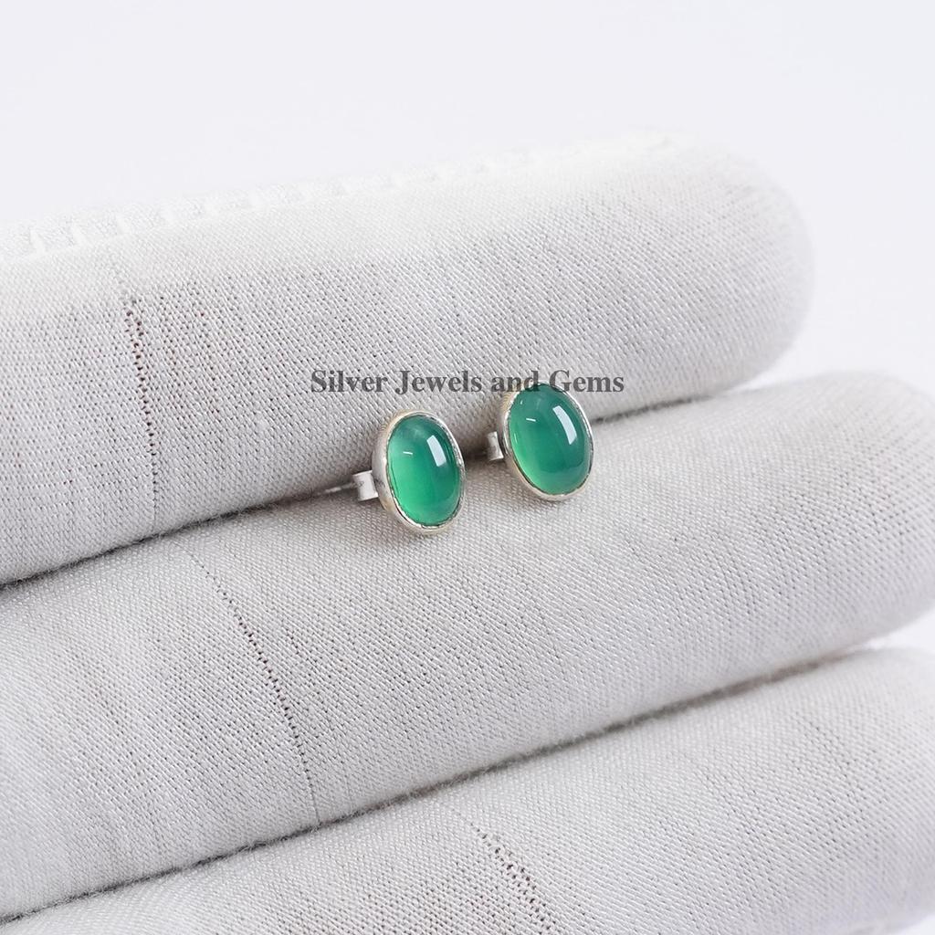 Natural Green Onyx Stud Earrings, 925 Sterling Silver Studs, Oval Onyx Studs, Gift for Mom, December Birthstone, Handmade Tiny Studs