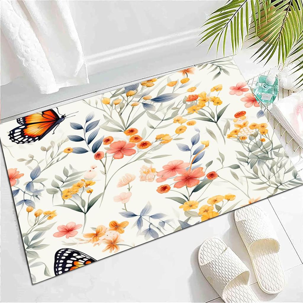 Wild Animal Butterfly Carpet Spring Garden Plant Floral Rug for Bedside Sofa, Botanical Flower Floor Mat Home Entrance Doormat