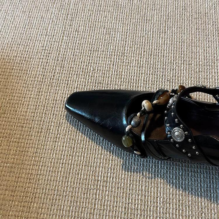 Sheepskin Version~ Retro Style Rivets Beaded Square Head Inner Height Increase Mary Jane Shoes Women's Shallow Mouth Word with Temperament Single Shoe