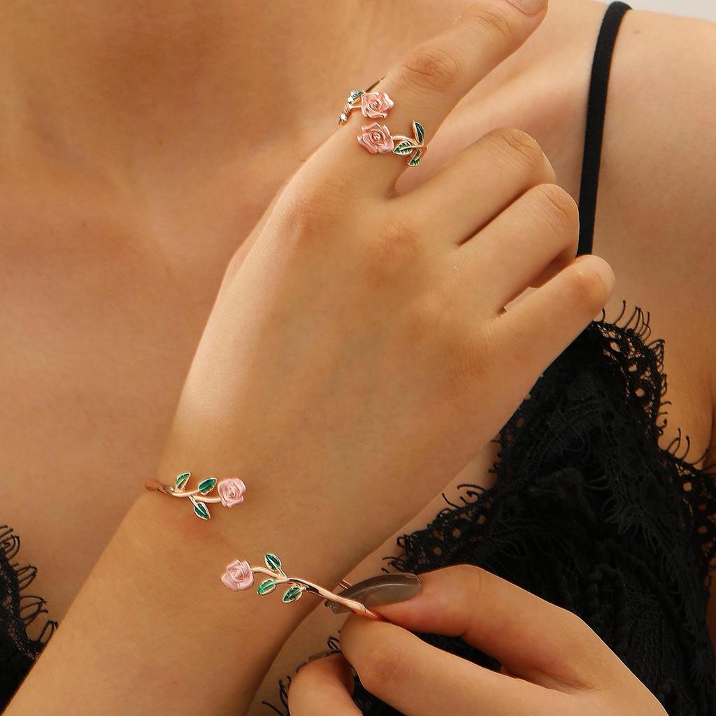 Bold Leopard Print Geometric Bangle & Ring Set - Adjustable Hand Jewelry for Women