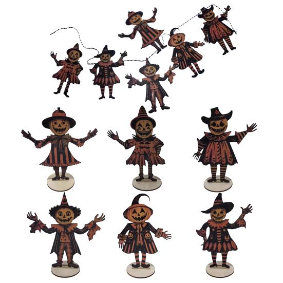 Yousheng 1/6Pcs Halloween Pumpkin Man Bunting Spooky Rustic Wooden Pumpkin Man Hanging Garland Table Sign Festival Ornament Decoration