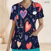 Women Plus Size V Neck Short Sleeve Scrub Top Pink Watercolor Heart Valentine Print Nurse Uniform Top
