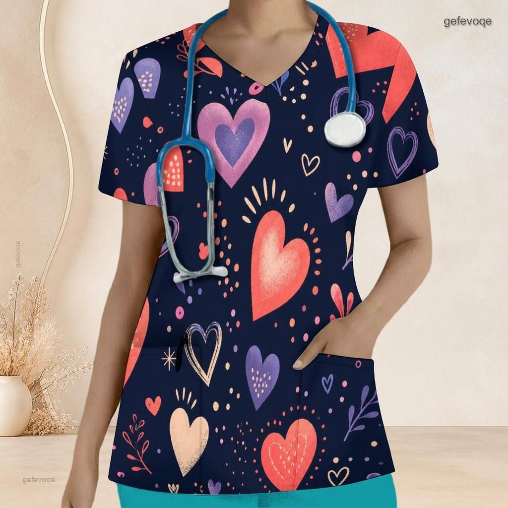 Women Plus Size V Neck Short Sleeve Scrub Top Pink Watercolor Heart Valentine Print Nurse Uniform Top