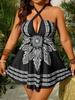Übergröße Extra Breit Vintage Print Tankini: Damen Europäischer/Amerikanischer Zweiteiliger Badeanzug