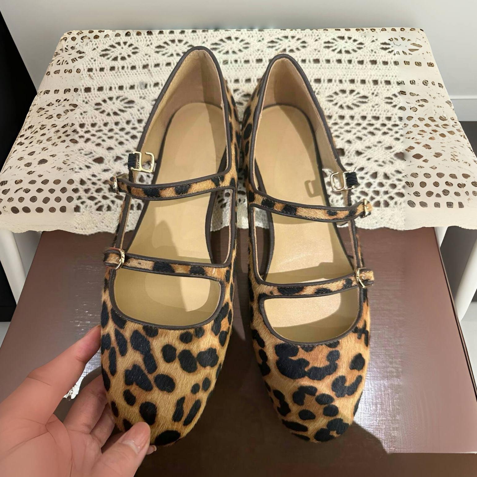 

Sheepskin version~ Korean version of genuine leather new niche leopard print side empty word with Mary Jane single shoes women s flat evening shoes 40