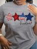 Women's Patriotic Star Print T-Shirt  Bohemian Short Sleeve Top with American Flag Design  Red Glitter Stars Freedom Text Casual