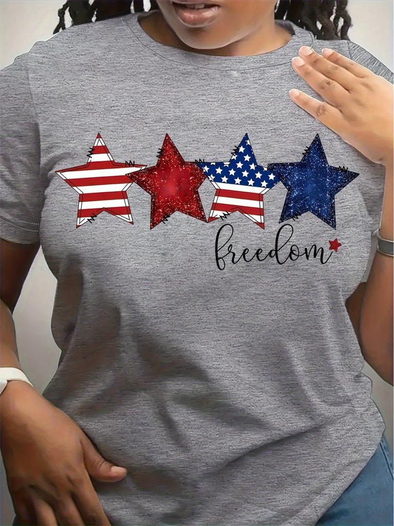 Women's Patriotic Star Print T-Shirt  Bohemian Short Sleeve Top with American Flag Design  Red Glitter Stars Freedom Text Casual