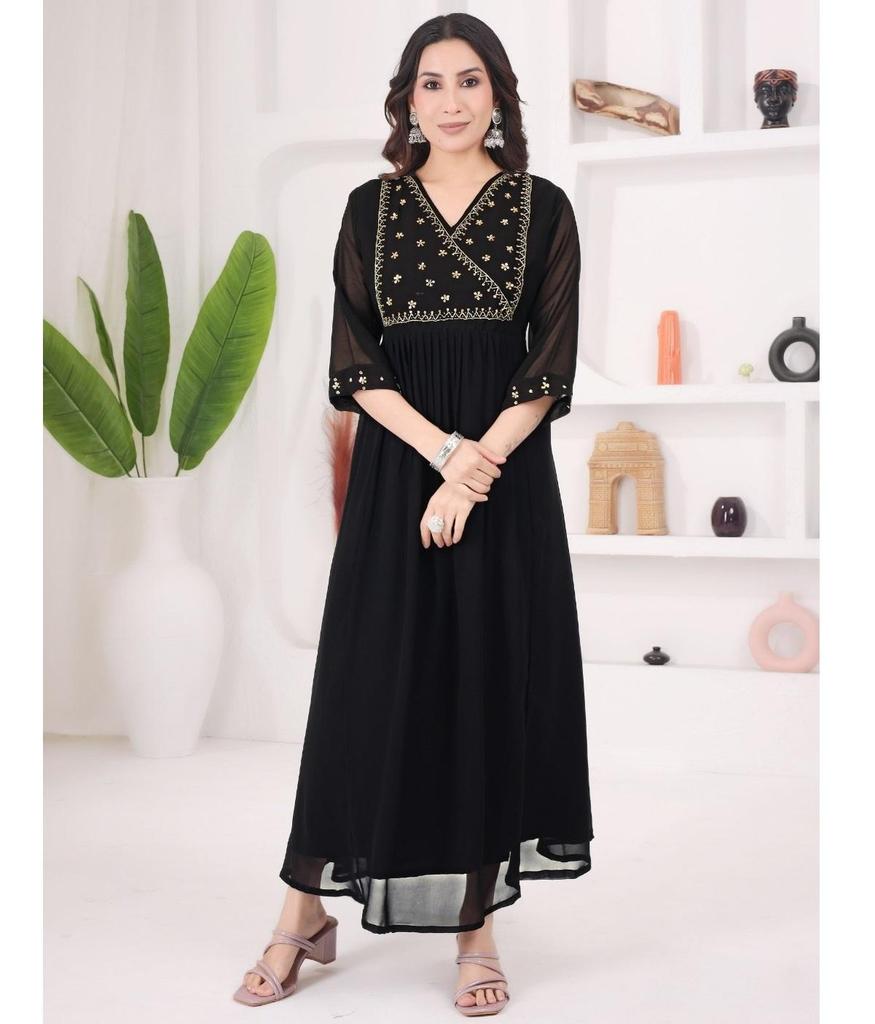 Indian Designer Georgette V-Neck Gown Kurta WomenBollywood Anarkali Top Tunic Kurti
