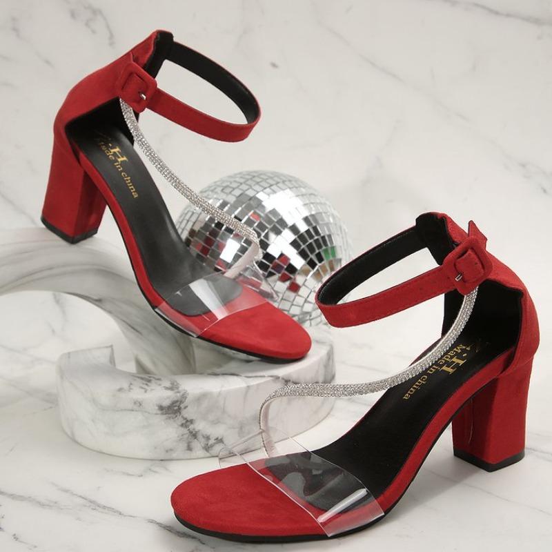 Women 2025 Summer Fashion Sandals Medium High Heel Block Heel Sandals Outdoor Fashion Sandals Women Heels Black Red Sandalias