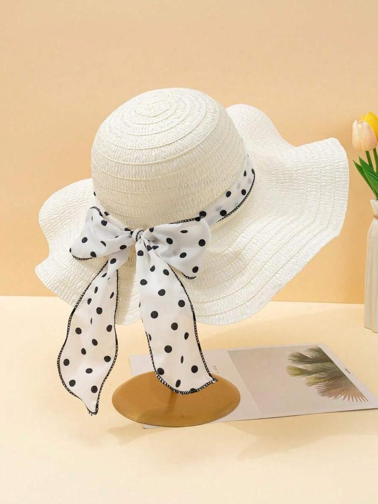 Women Summer White Straw Sun Hat With Polka Dot Bow Beach Travel UV Protection