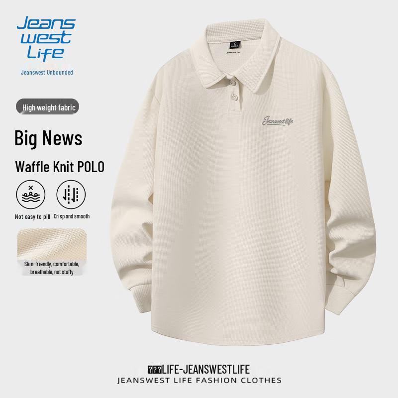 Jeanswest Men's Waffle Knit Letter Print Long Sleeve Polo Shirt