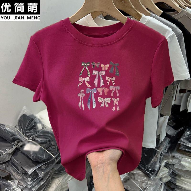 Women Multi Bowknot Graphic Crew Neck Short Sleeve Casual T-shirt