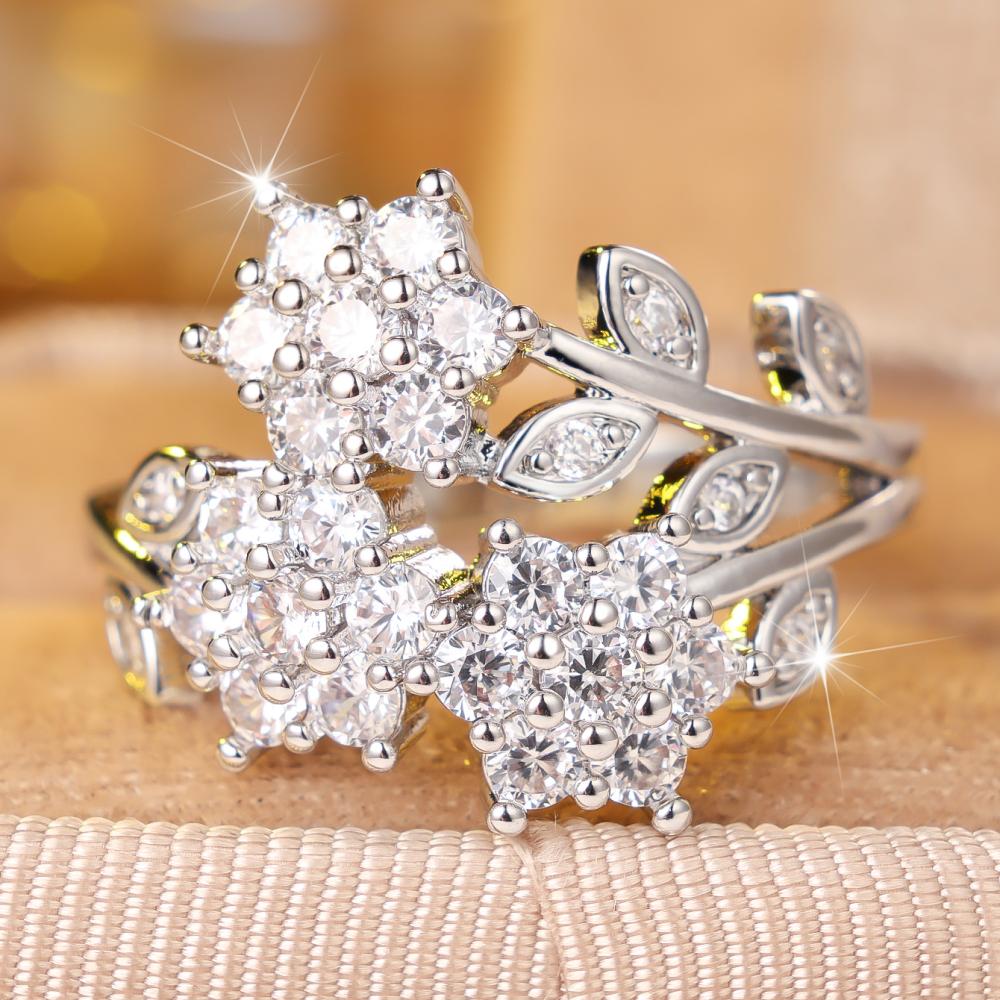 Exquisite Silver Color Flower Cluster CZ Ring for Women Wedding Anniversary
