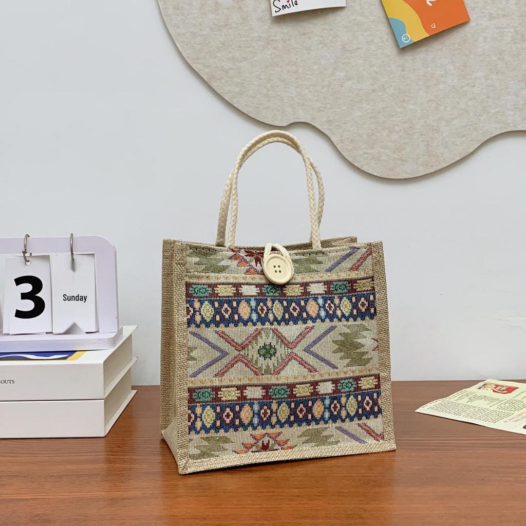 Retro Ethnic Style Lightweight Straw-Woven Linen Bucket Bag – Versatile Small Handbag for Snacks and Desserts