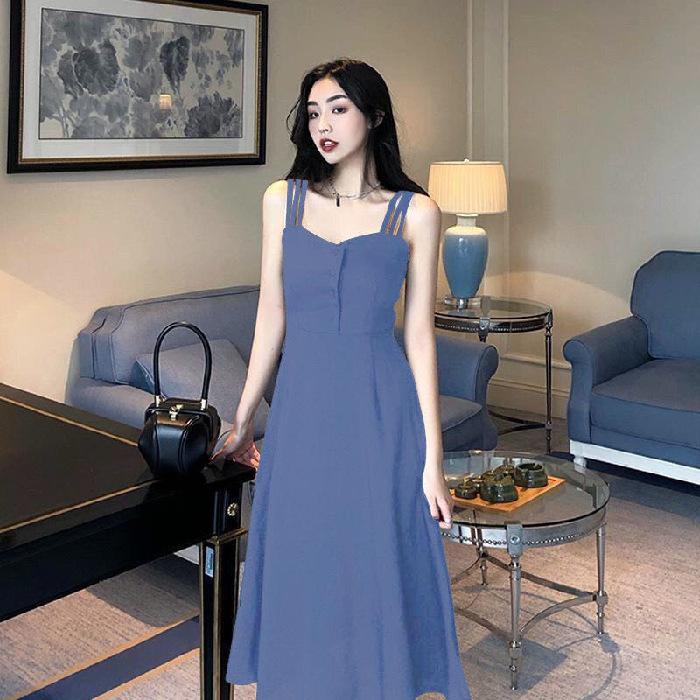 YYFS Dámská móda Léto Jaro Jednobarevný potisk Podvazky bez rukávů Ležérní šaty s vysokým pasem