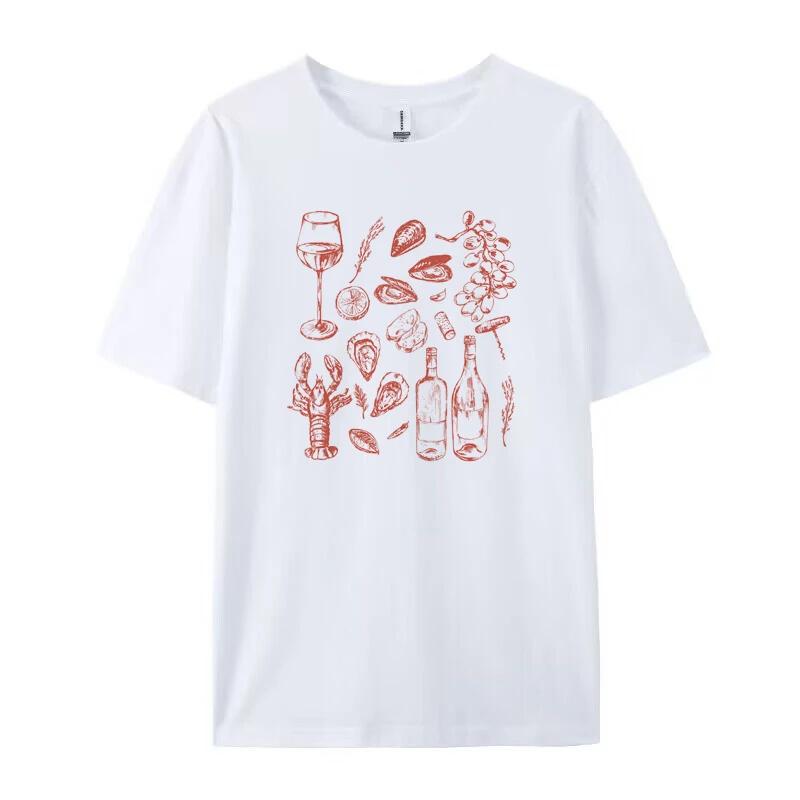 Women Retro Style Italian Seafood Print TShirt Vintage Aesthetic Oyster Lobster T Shirt Cute Foodie Shirt Loose Vacation Tops S