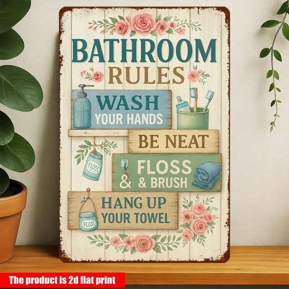 Vintage Metal Poster Wall Art, Retro Flower Bathroom Rule Sign Home Decor