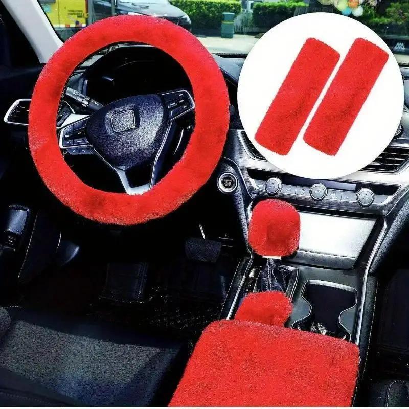 Universal Plush Car Steering Wheel Covers Winter Faux Fur Hand Brake & Gear Cover Set Car Interior Accessories 38cm Amagi