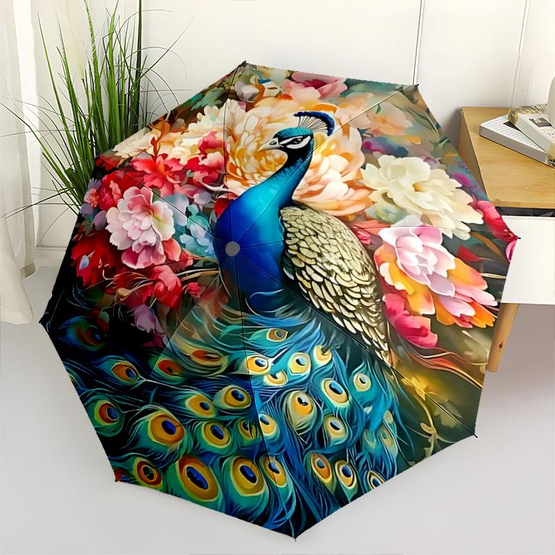 

1pc Peacock Floral Outdoor Umbrella Automatic Opening/Closing, Foldable Design, 8-Rib Iron Frame, Festival Gift for Fans, Travelers, Daily Use.R0