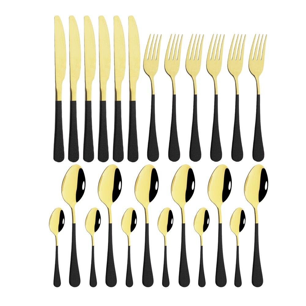 24Pcs/set Stainless Steel Dinner Black Gold Dinnerware Set Knife Fork Coffee Spoon Cutlery Set Kitchen Tableware Silverware Sets