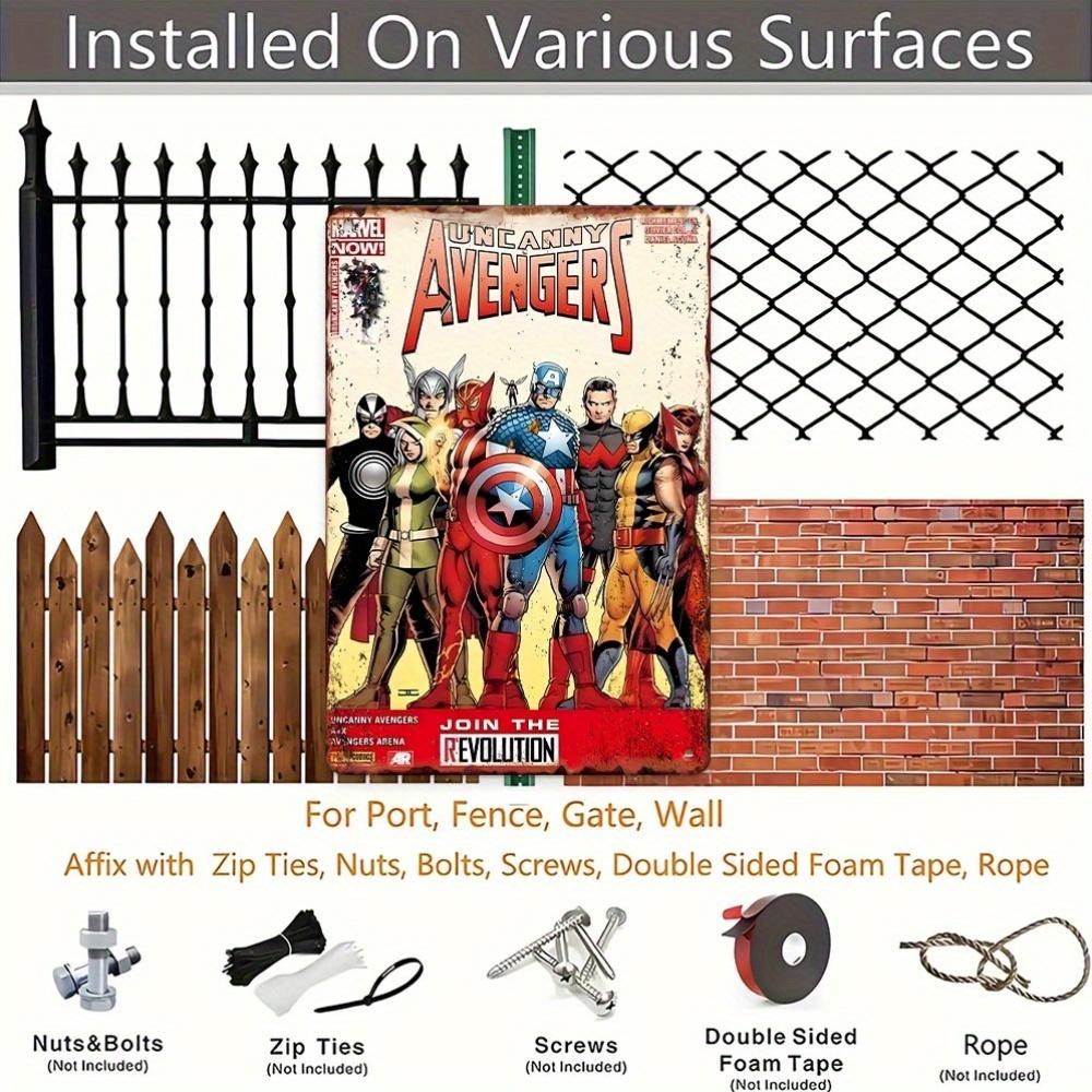 2D Flat, 1pc Marvel Uncanny Avengers Metal Wall Art - Join the Revolution, Retro Iron Sign with Iconic Superheroes, Perfect for