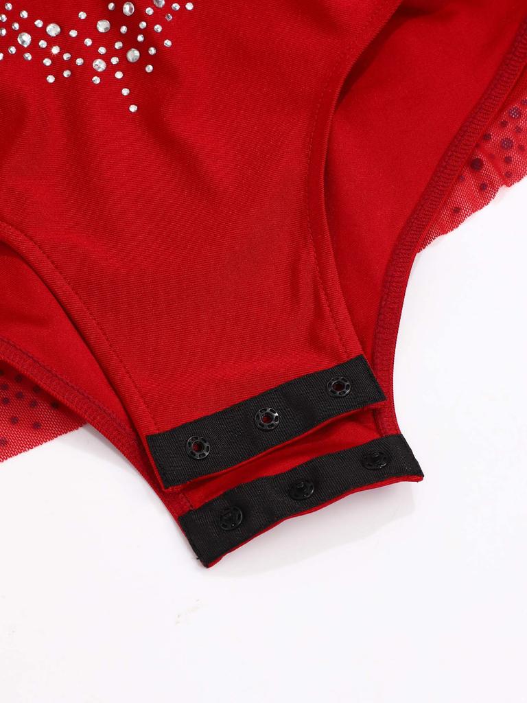 Jenter Glitrende Rhinestones Danse Leotard Mock Neck Ermeløs Usynlig Glidelås i Ryggen Gjennomsiktig Netting Skjørt Bodysuit