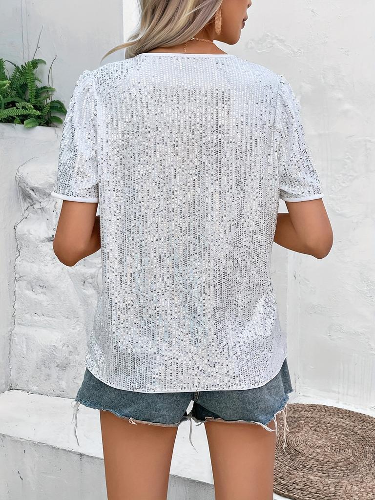 V-Ausschnitt Paillettenverziert Puffärmel Damen Urlaubs-Party-Outfit Party-Oberteil