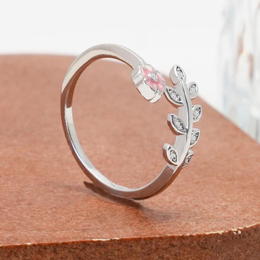 Plum Blossom Zircon Leaf Ring for Women - Adjustable Fashion Jewelry