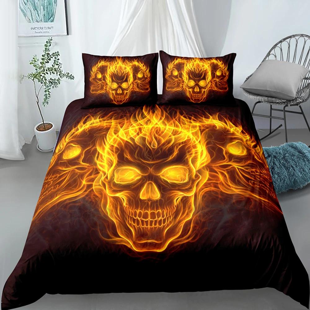 Skull Duvet Cover King Halloween Comforter CoverGothic Fog Smoke Skull Skeleton Bedding SetGrey Quilt Cover Room Decor 2/3pcs