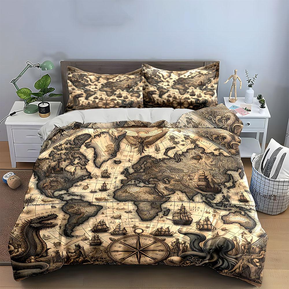 Vintage Nautical World Map Bedding Duvet Cover Set Duvet Cover Pillowcases  (1*Duvet Cover 2*Pillowcases, Without Duvet Insert)