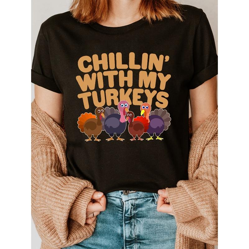 

Thanksgiving Day Print T-Shirt, Short Sleeve Crew Neck Casual Top for Summer & Spring, Women S Clothing S чёрный