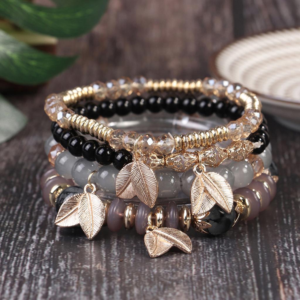Bohemian Leaf- Ethnic Pendant Elastic Cord Beaded Multi-Strand Bracelet