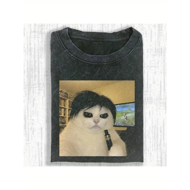 

European sizes Cotton T-Shirt - Retro Style Weird Cat Pattern, Black Regular Fit Crew Neck Short Sleeve, Casual Wear for All Seasons 5XL