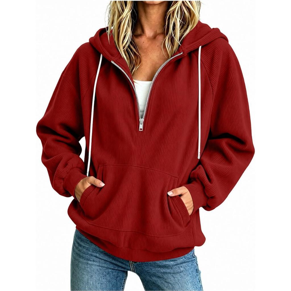Autumn Winter New Women's Sweatshirt, European American Style Half Zip Hoodie, Loose Long Sleeve Drawstring Casual Top for Women