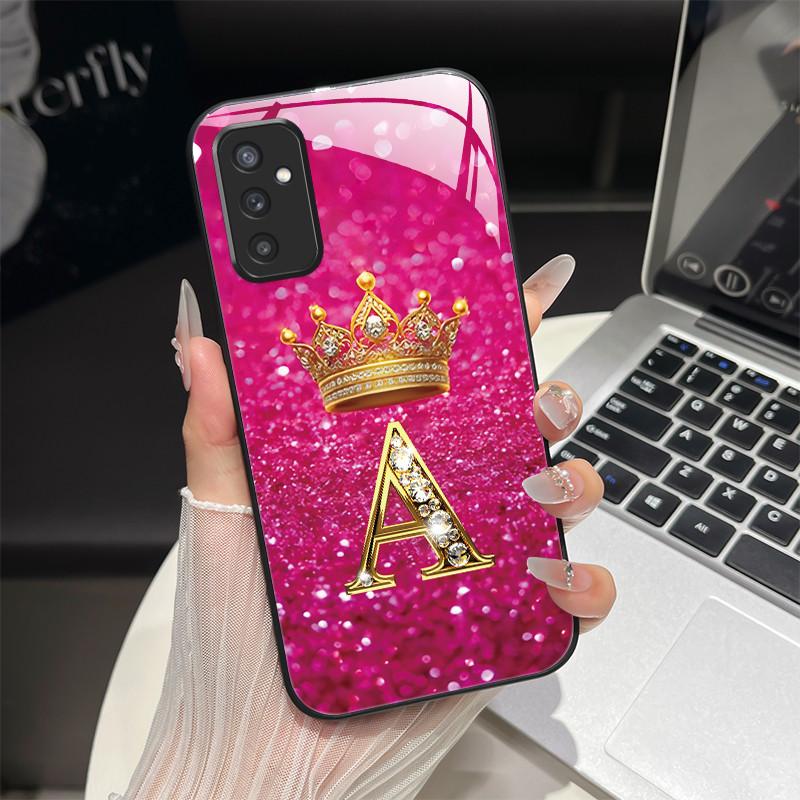 For Samsung M52 5G Case Galaxy M14 SM-M526B SM-M146B Phone Case ShockProof Fashion Initial Letter Hard Tempered Glass Back Cover