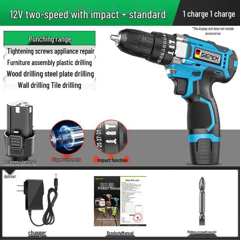 Rechargeable Multi-Function Electric Hand Drill with Impact and Screwdriver Features