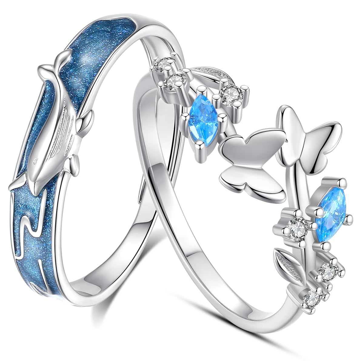 

083BASE | Pairing Rings, 925 Sterling Silver, Whale & Butterfly Motif, Blue Cubic Zirconia, Adjustable Size