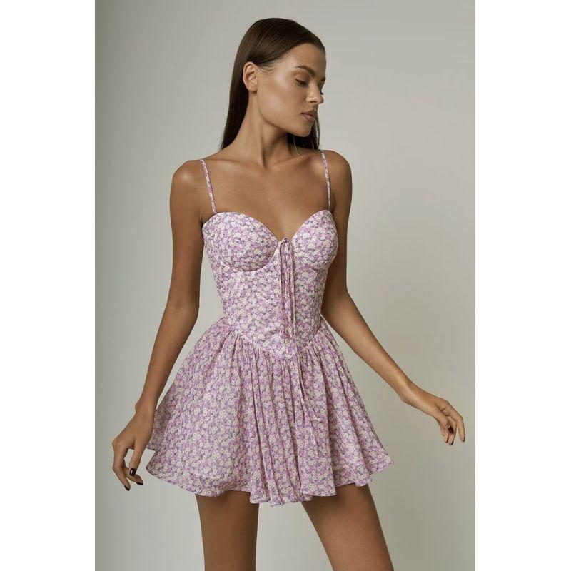 

Romantic Stylish Floral Dress Halterneck Strap Pink and Purple Floral Slip Skirt Pants L