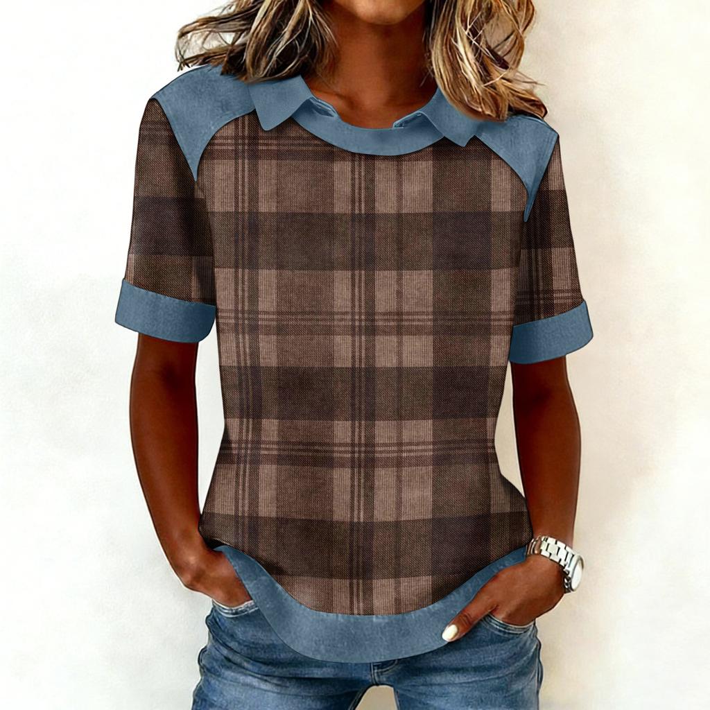 Women's Fashion Collar Cowboy Splicing Sweatshirt Casual Printed Hoodie Short Sleeve Shirt Top