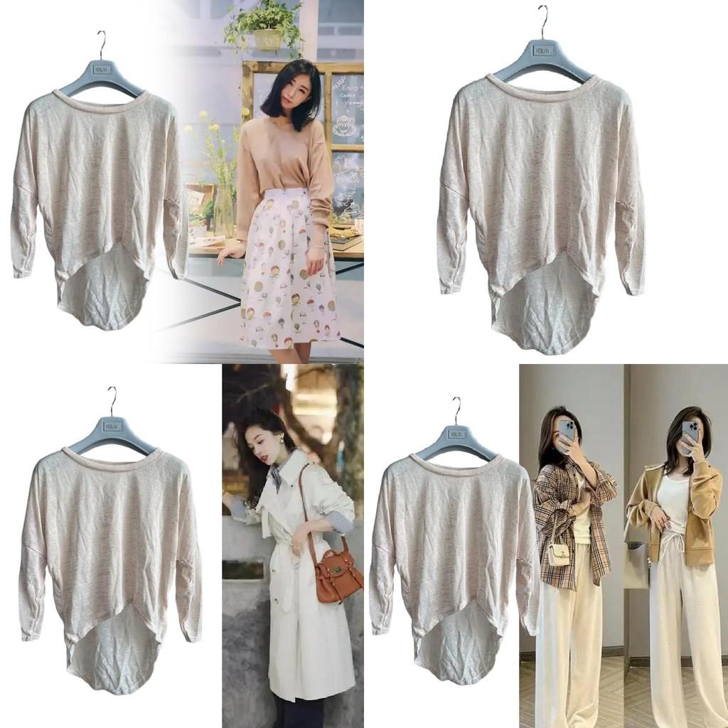 T-shirt Casual da Donna in Cotone a Maniche Lunghe con Vestibilità Larga e Orlo Curvo