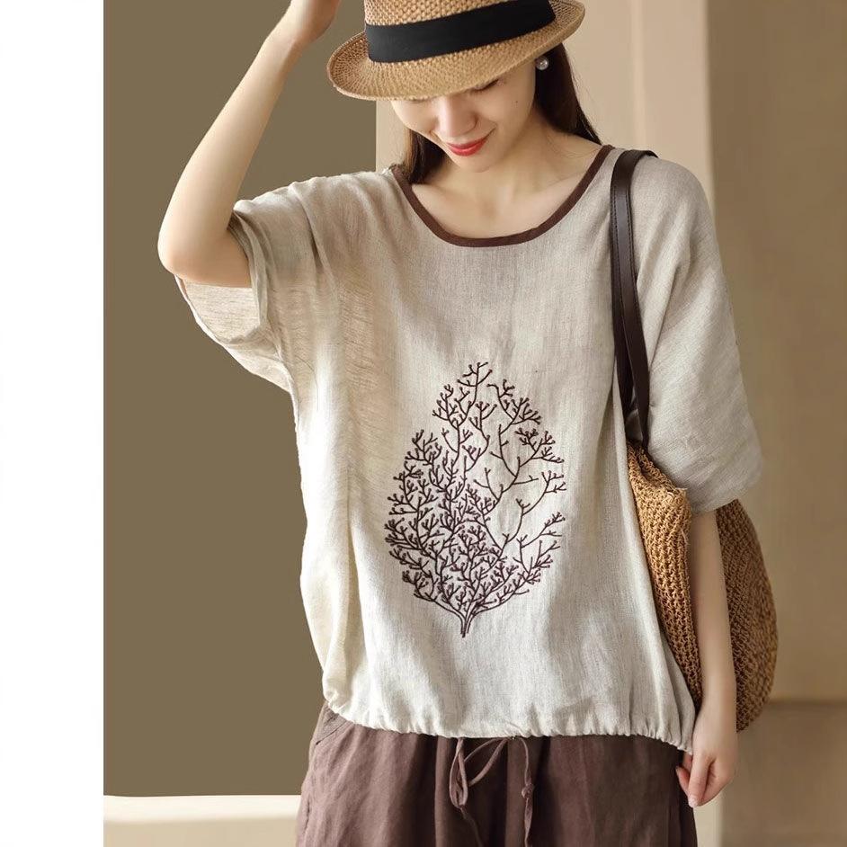 

Pullover Round Neck Loose Large Size T-shirt for Women New Style Retro Embroidered Cotton and Linen Top for Women 4XL