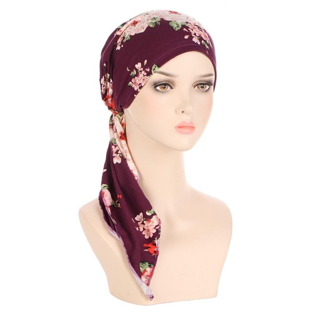 Hair Loss Cover Turban Hijab Elastic Stretch Flower Print Head Scarf Soft Chemo Hat Cap for Women