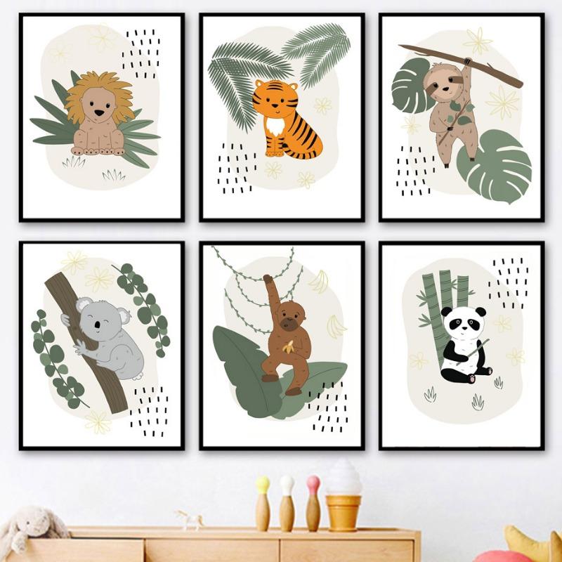 Leu Elefant Girafă Hipopotam Maimuță Frunză Artă de Perete pentru Creșă Pictură pe Pânză Postere și Imprimeuri Nordice Imagini Decor Cameră Bebeluși Copii