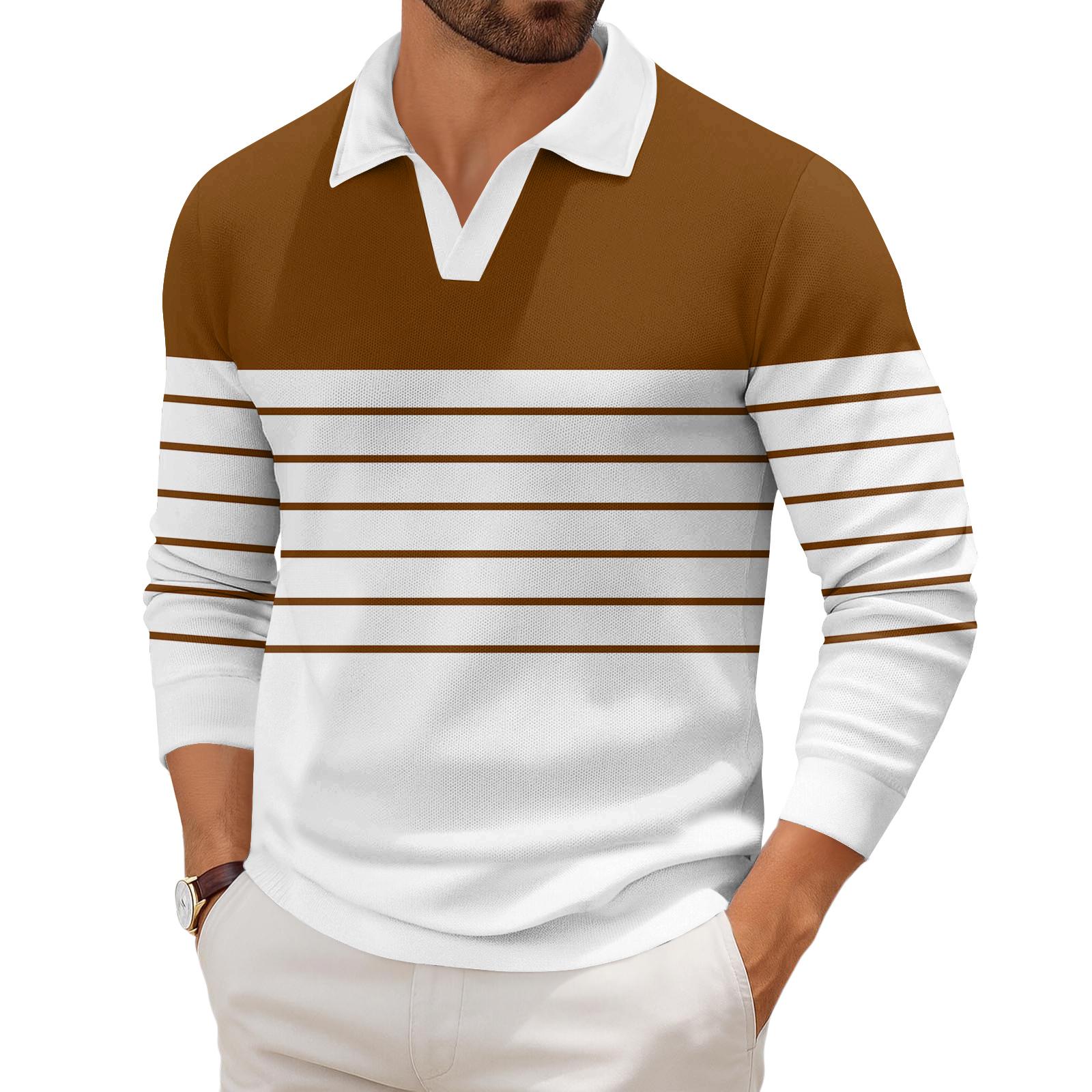 

Men s Casual Fashion Printed Lapel Long-sleeved Knitted Bottoming Shirt Top S коричневий