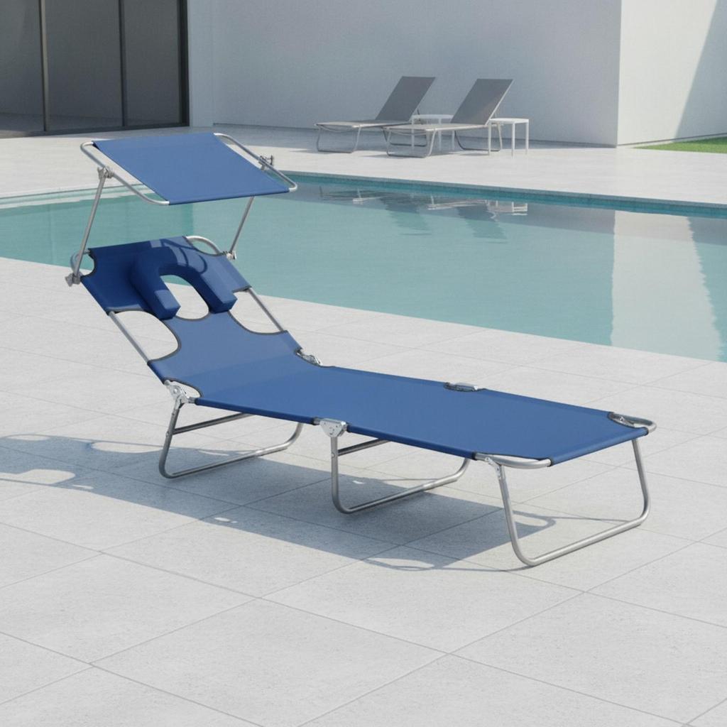 Camp Bed Sturdy Portable Lounge Chair with Sun Cover for Camping, Waterside