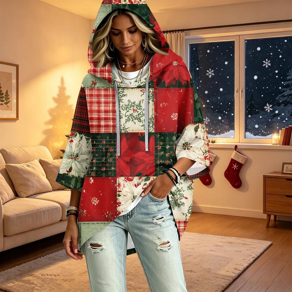 Women's Christmas Print Three-Quarter Sleeve Hooded Pullover Top